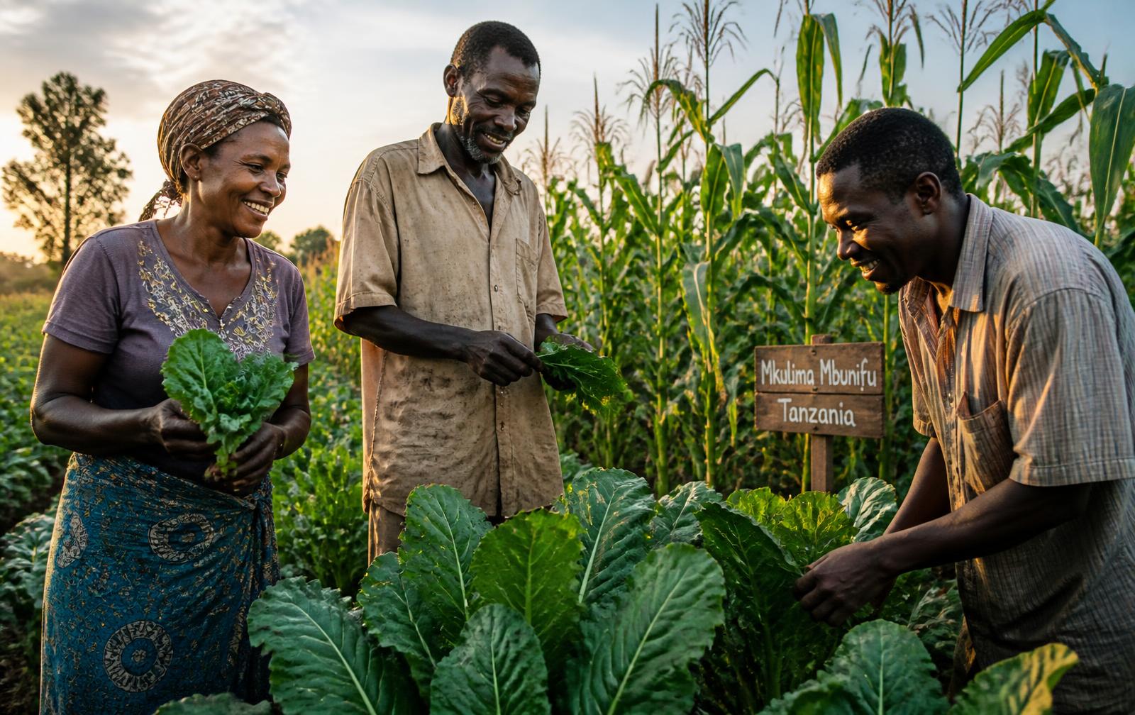 Farmers in Tanzania inspecting fresh produce in the field